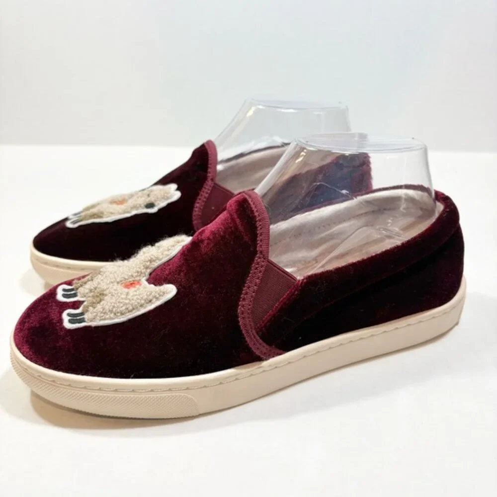 Soludos Velvet Llama Slip On Sneakers Size 7 Burgundy Wine Casual Boho - Picture 4 of 11